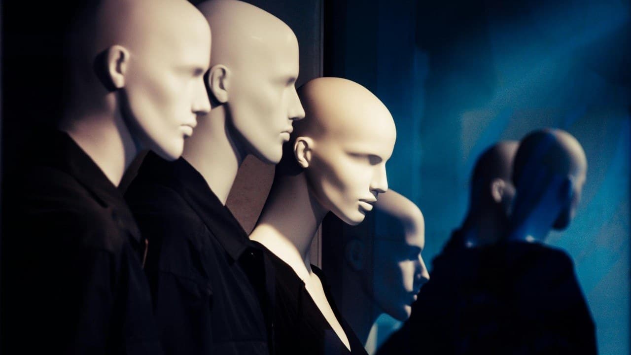 Three identical bald mannequin heads in profile with ghosted reflections, uncanny homogeneity made visible