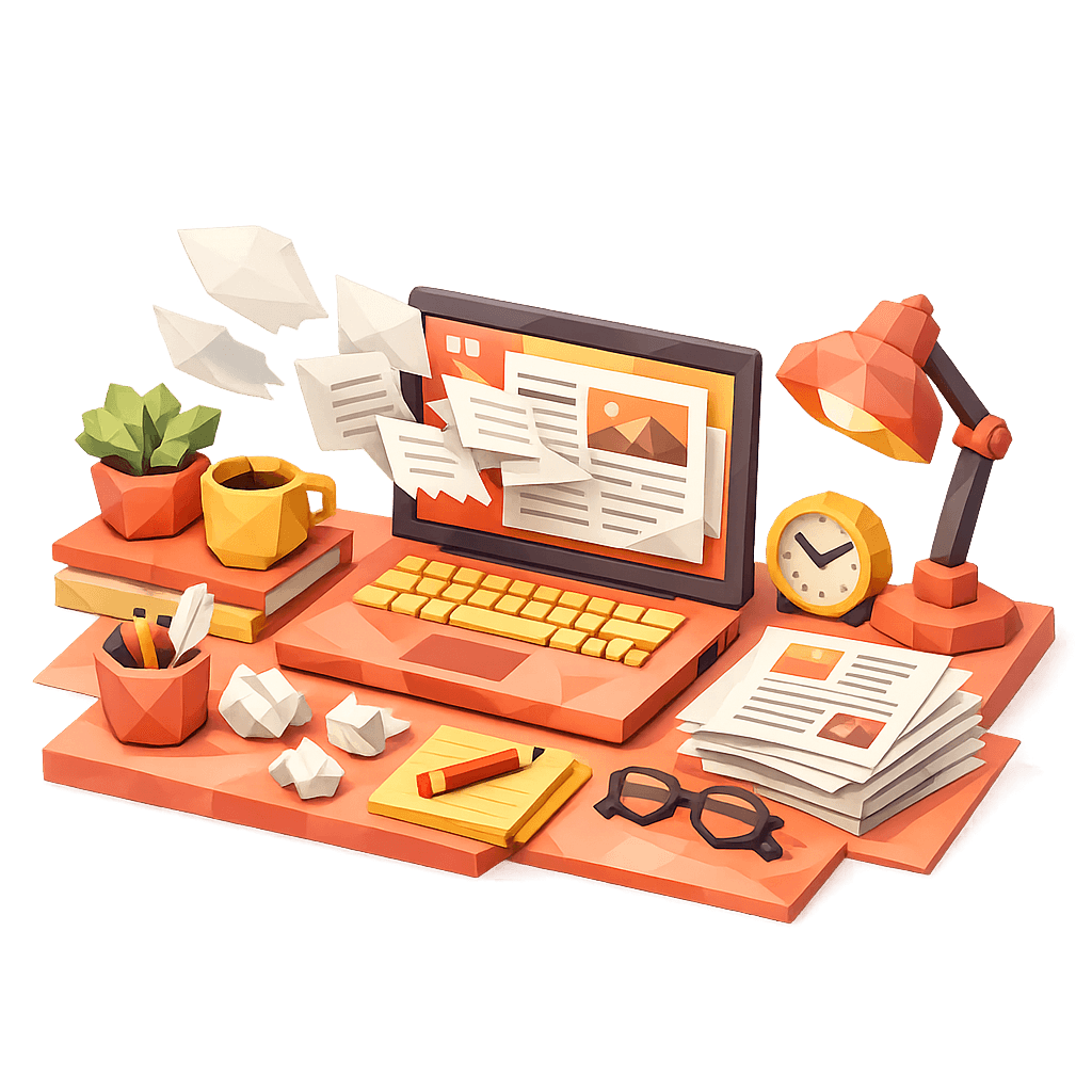 Isometric desk scene with monitor, keyboard, plant, and editorial draft, AI article generation in your voice